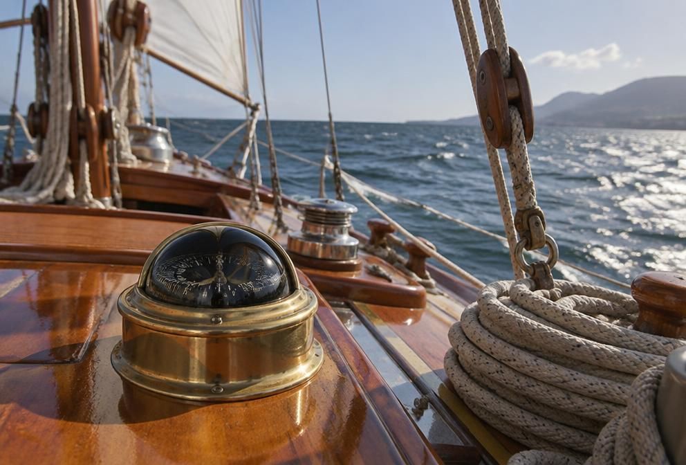 Brass compass and sailing rigging on a polished teak deck